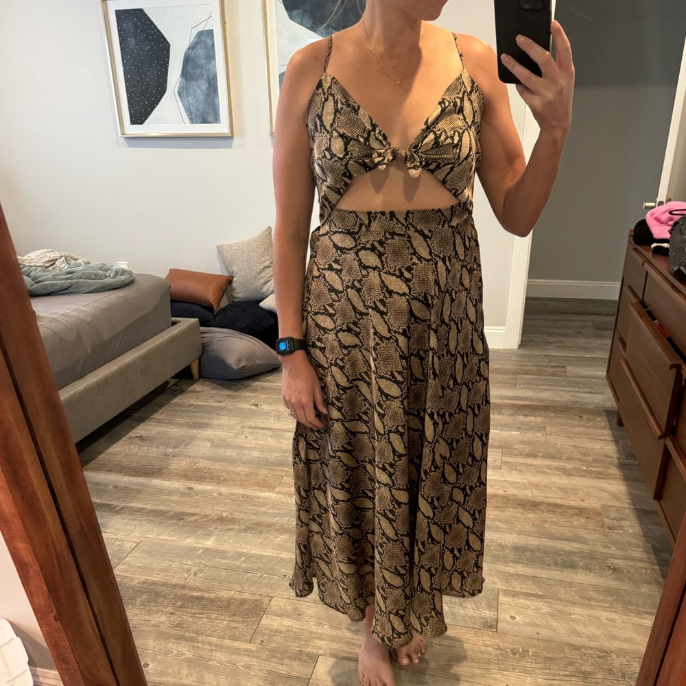 Snake Print tie front V neck Midi Dress